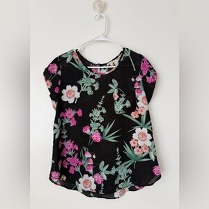 Lily White Black Floral Short Sleeve Blouse with Pink & Green Accents